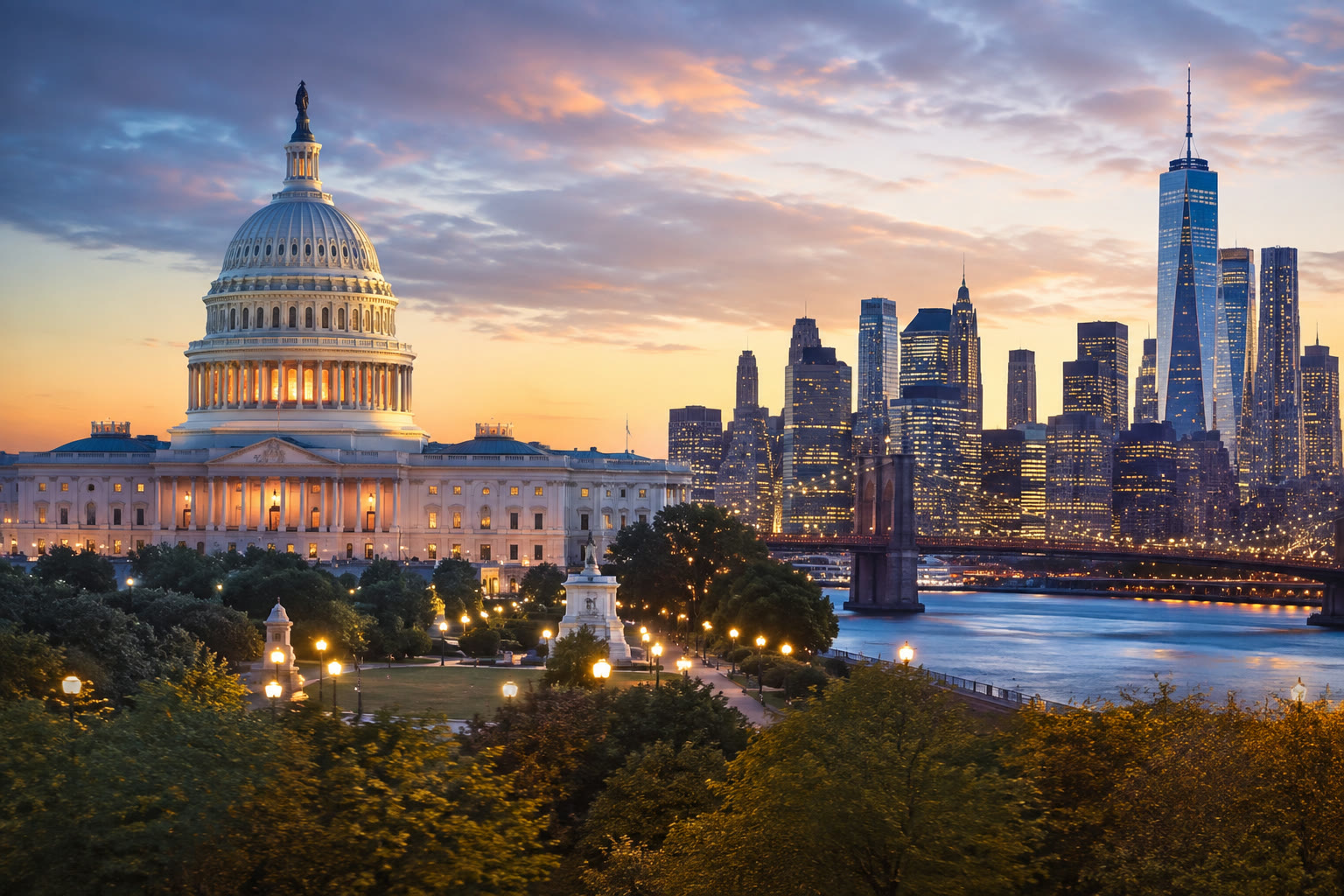 Washington e Nova York em composição urbana para viagem em grupo