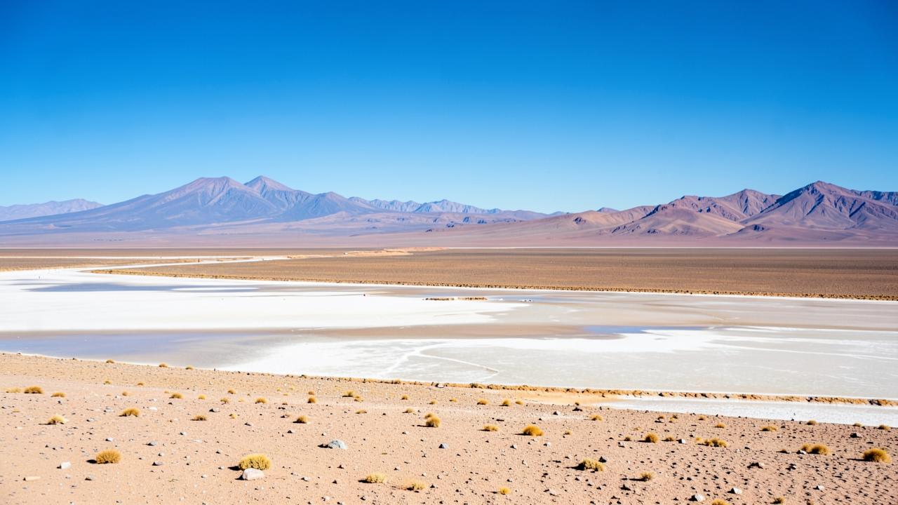 Paisagem do deserto do Atacama com salar, vulcões ao fundo e céu azul limpo