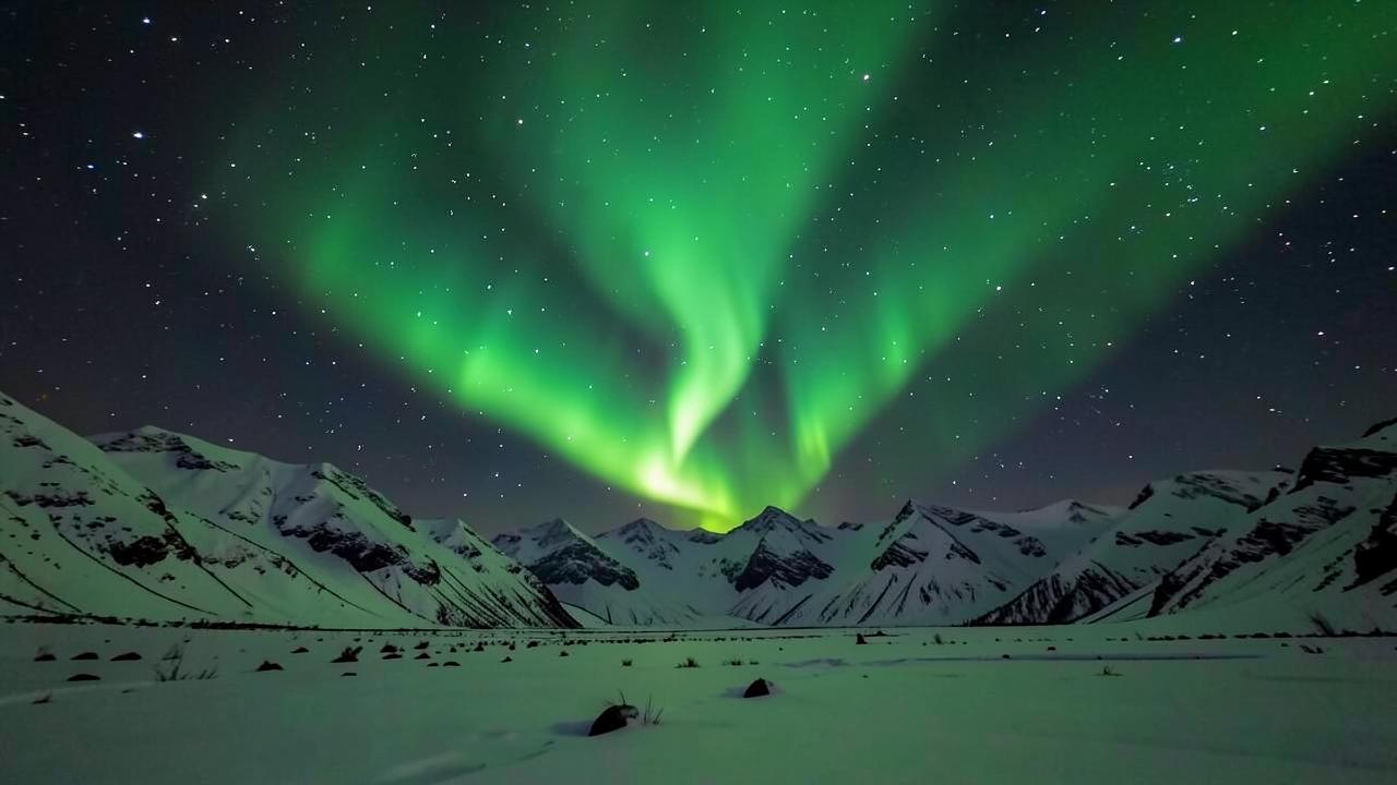 Aurora boreal verde sobre paisagem nevada com montanhas e céu estrelado