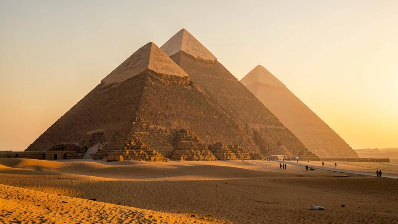 Pirâmides de Gizé ao amanhecer com viajantes ao longe no deserto