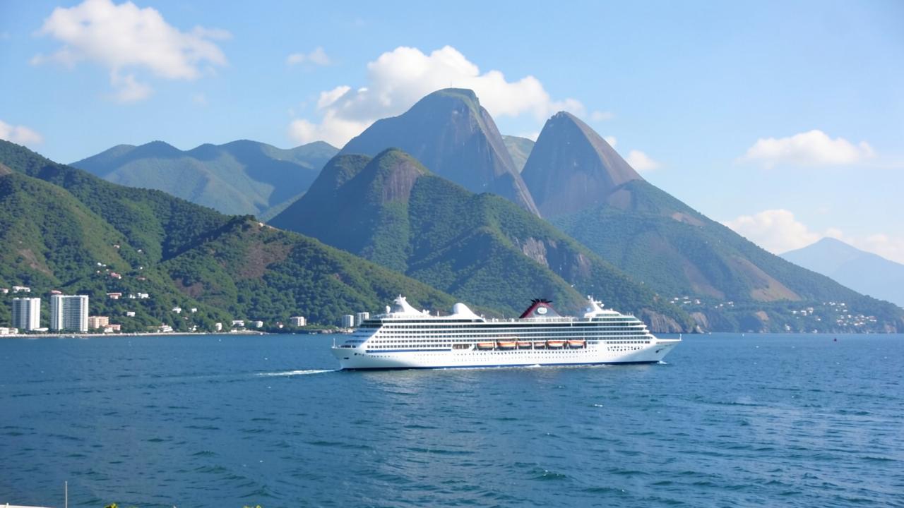 Navio de cruzeiro navegando próximo ao litoral montanhoso do Brasil