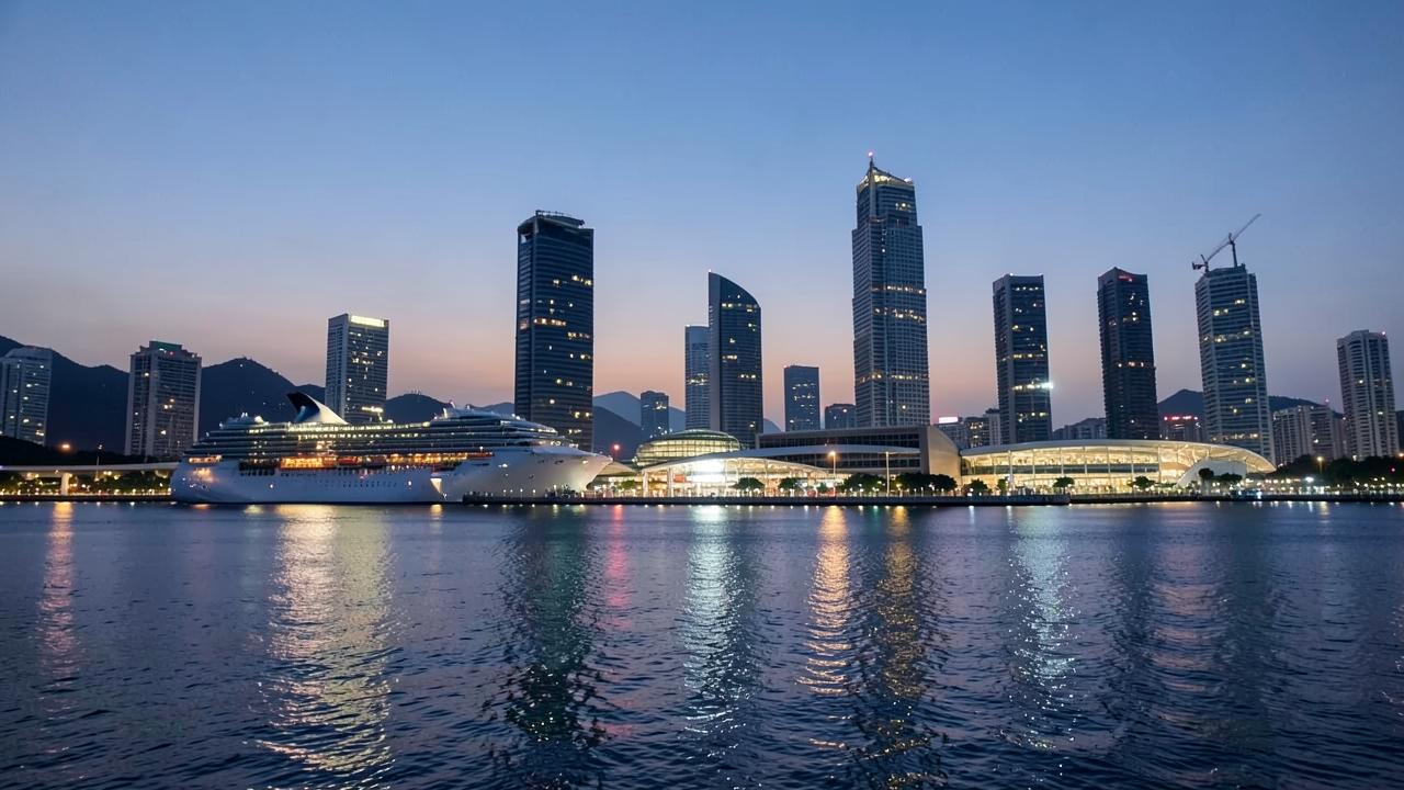 Skyline de cidade portuária asiática ao anoitecer com navio de cruzeiro atracado