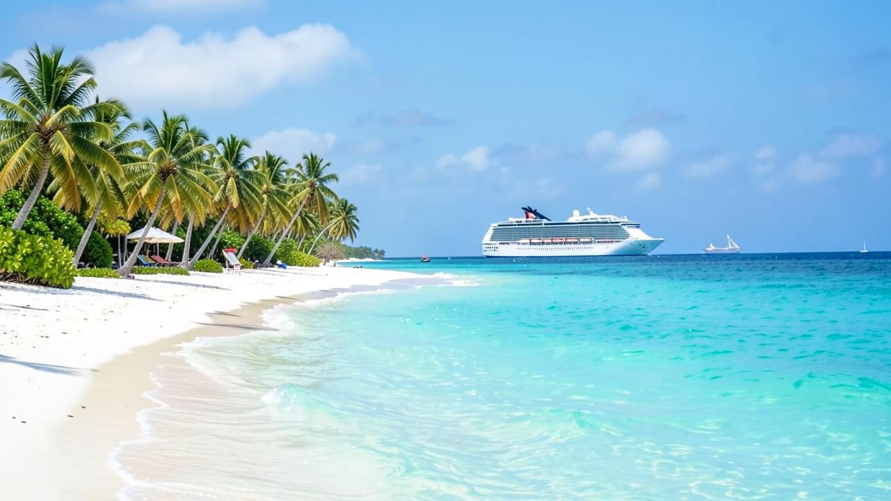 Praia caribenha de areia branca com coqueiros e navio de cruzeiro ao fundo